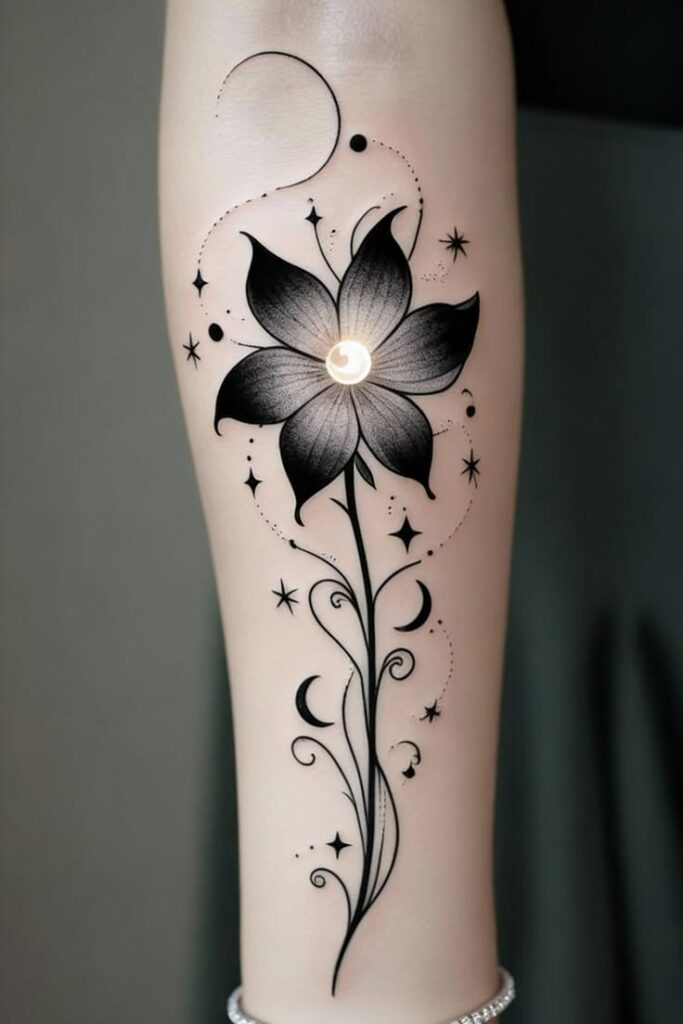 A picture of a flowere
d tattoo design with a moon design inside that is inspiring