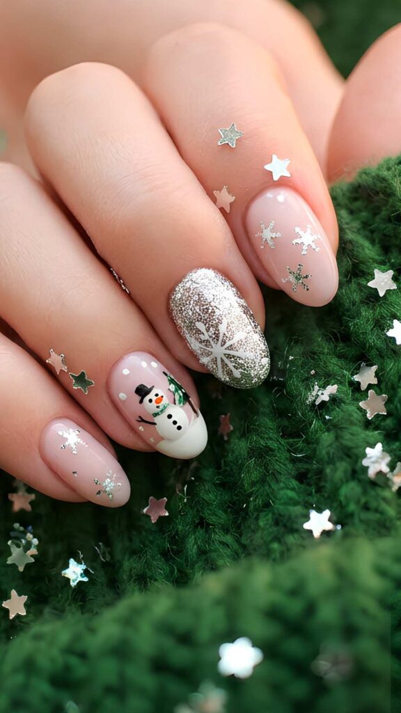 A fruit theme nail design on a nude colored nail 