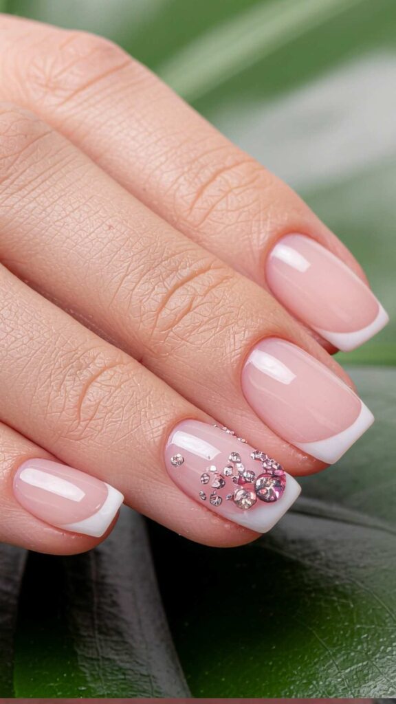 A nude and white tip nail design that looks minimal.