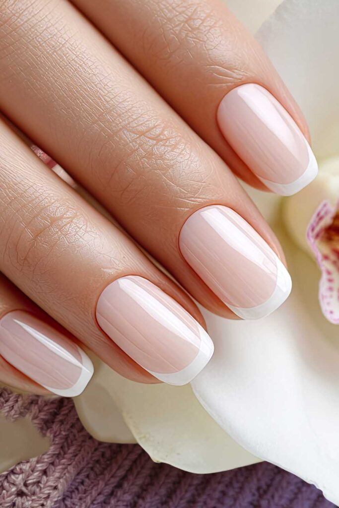 A picture of a short nails design with white tips.
