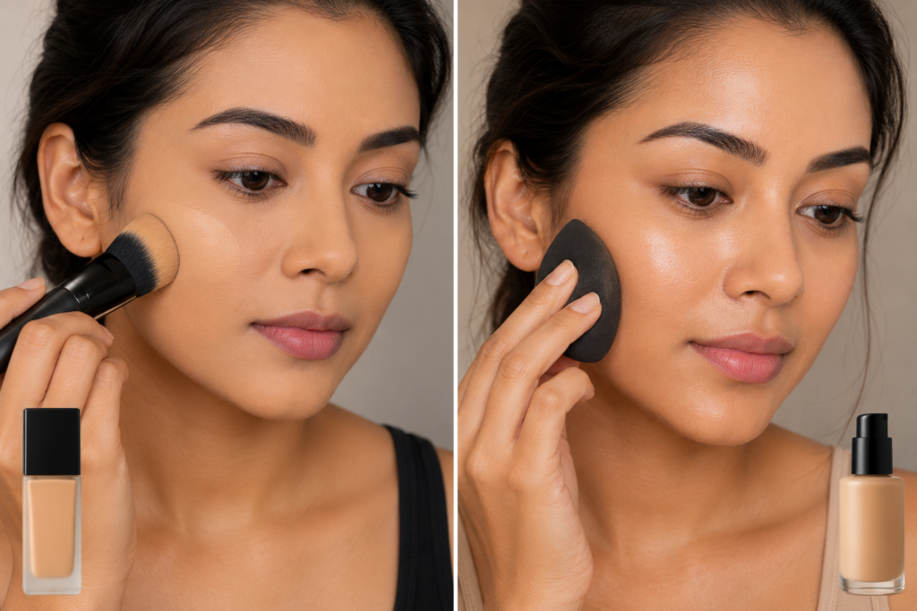 A picture of a lady applying matte foundation and a picture also where she is applying natural foundation.