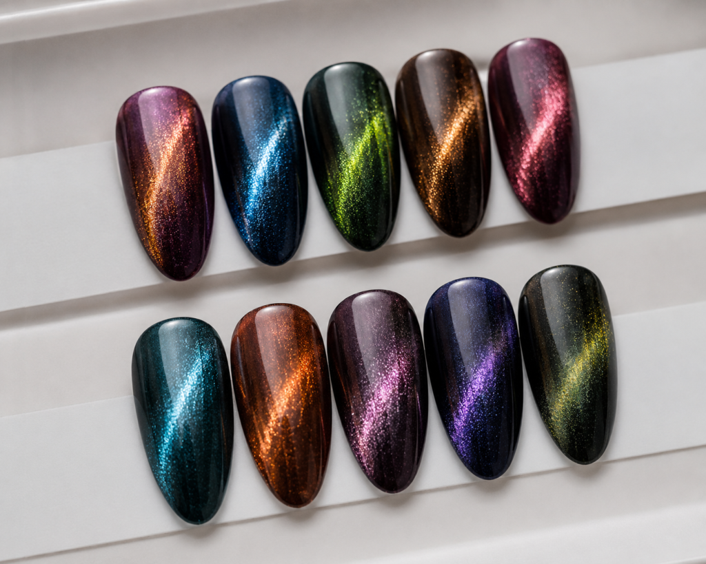 A picture of different color combination of cat-eye nails 