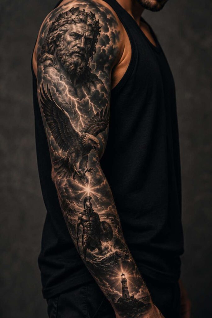 A bold Sleeve tattoo design that extends from the humerus down to the wrist