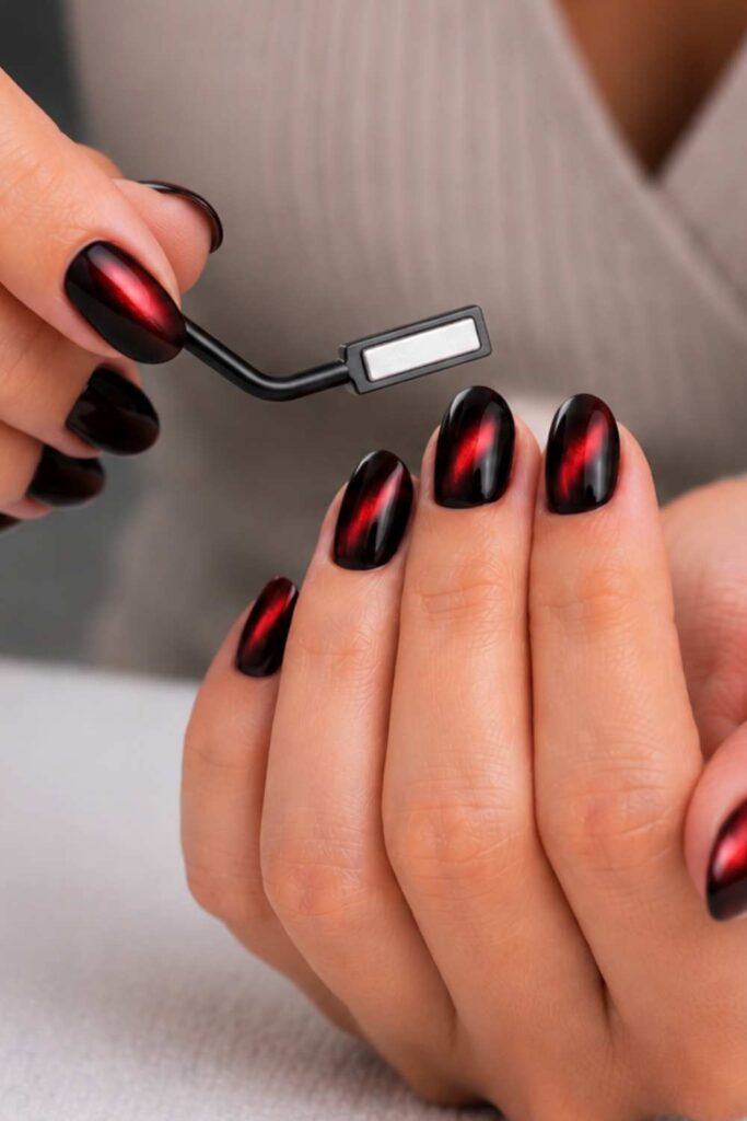 A picture using magnetic wand to curate the cat-eye nails