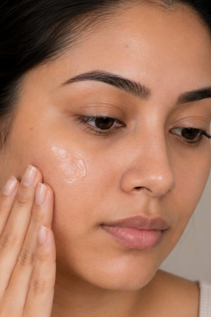 A young lady prepping her skin for smoothening before applying makeup