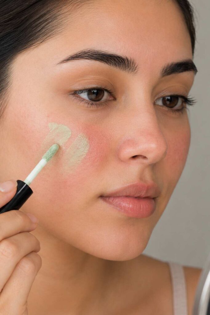 A lady applying green corrector for redness