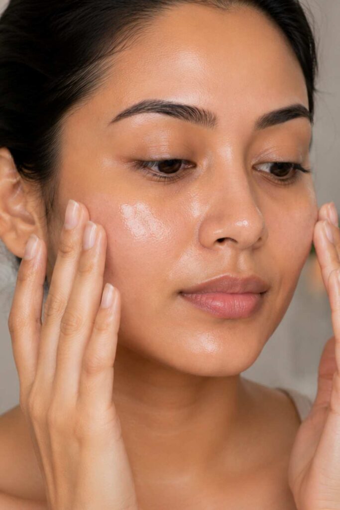 A lady hydrating her face before makeup
