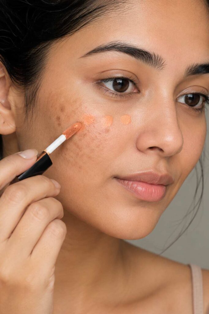 A lady applying orange/peach corrector for dark spot