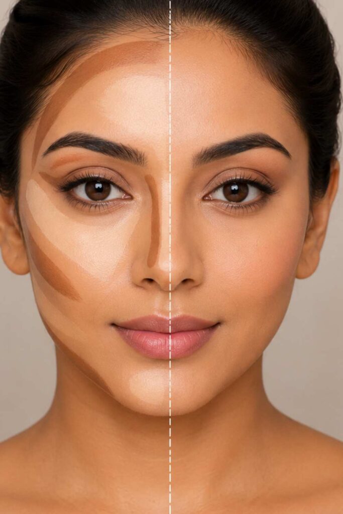 A lady shade matching foundation on her face to find the perfect blend.