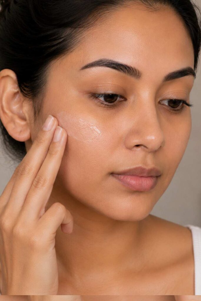A lady using primer to smooth and improve the face texture