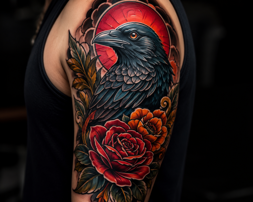 A neo- traditional- vivid colors with exaggerated bold sleeve tattoo design