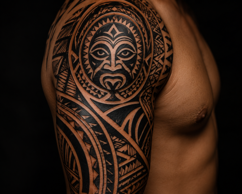 Tribal- cultural roots, geometric power bold sleeve tattoo design