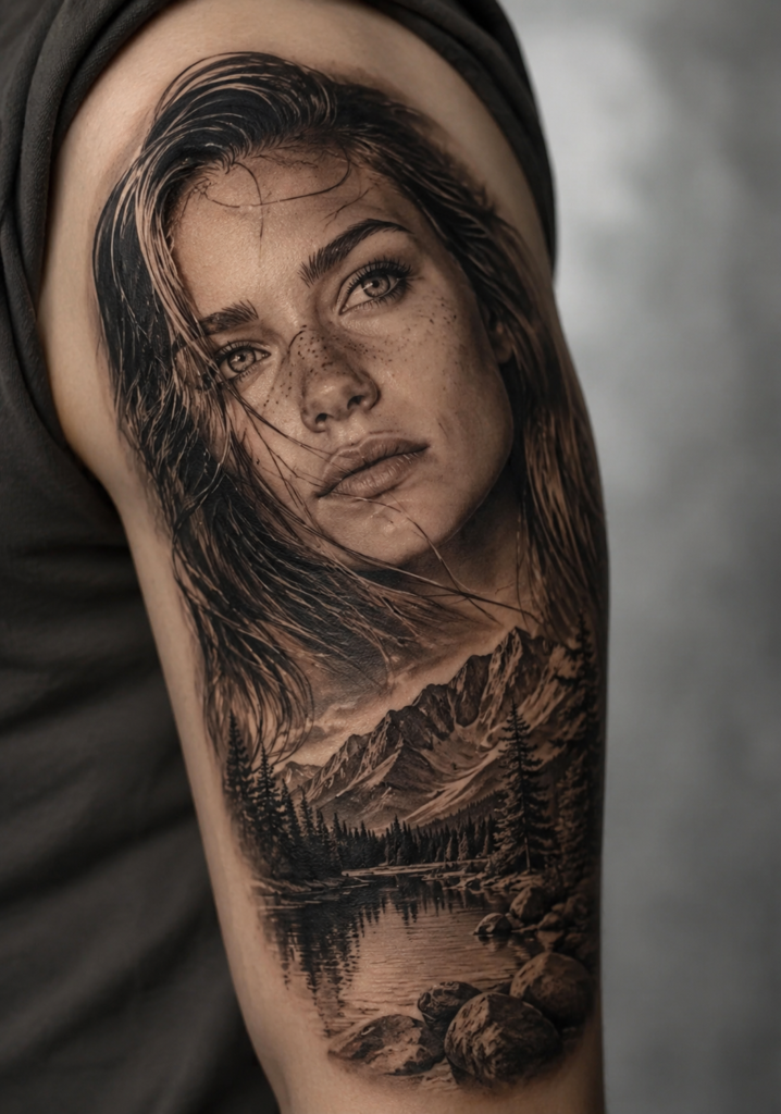 A realism - portrait and nature done bold sleeve tattoo design with precision.