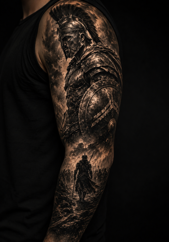A warrior bold sleeve tattoo design