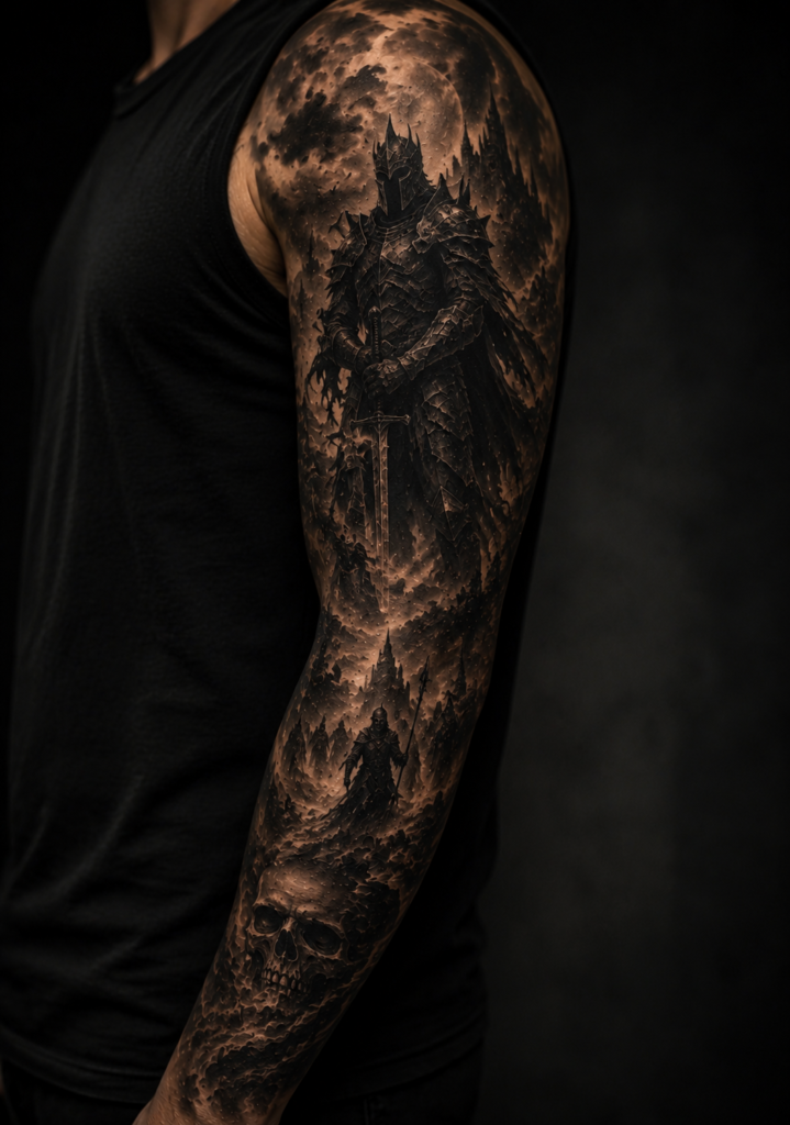 A dark fantasy bold sleeve tattoo design