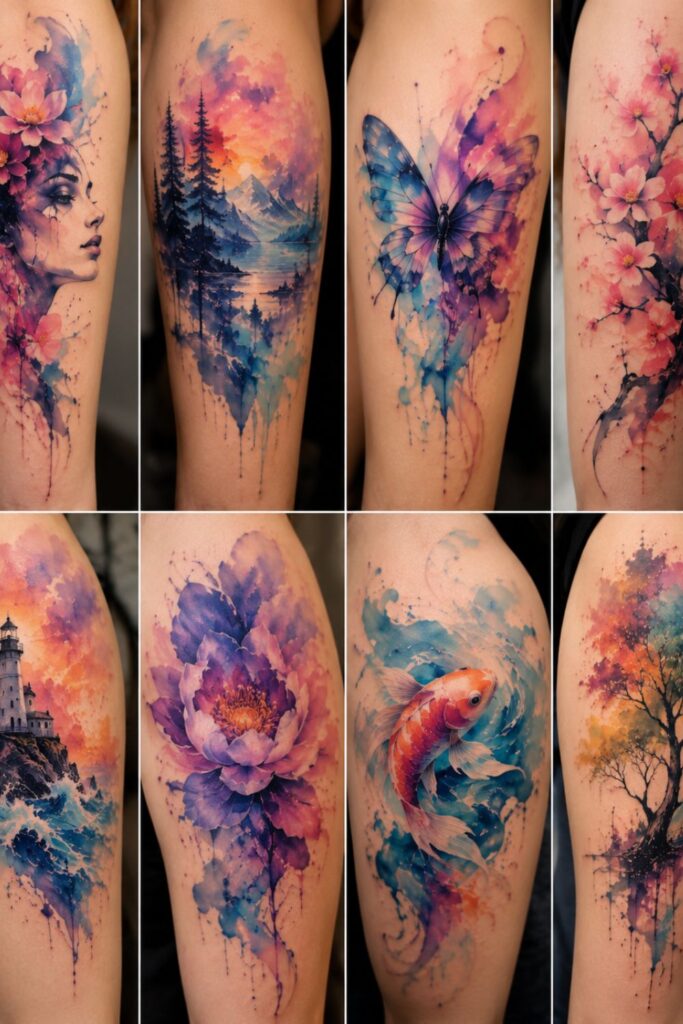 Pictures of watercolor tattoo blending style that looks soft, painterly and fluid.
