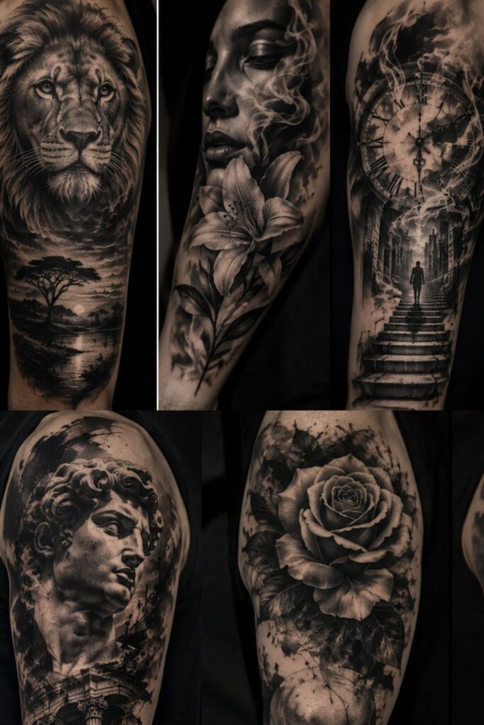  Pictures of black and grey  tattoo blending style.