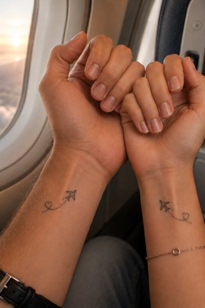 A picture of couple tattoo showing shared interest of them travelling with airplanes