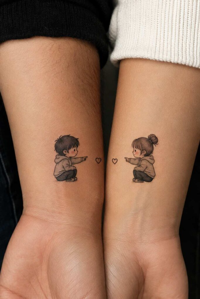 A picture of small cartoon inspired tattoo for couple
