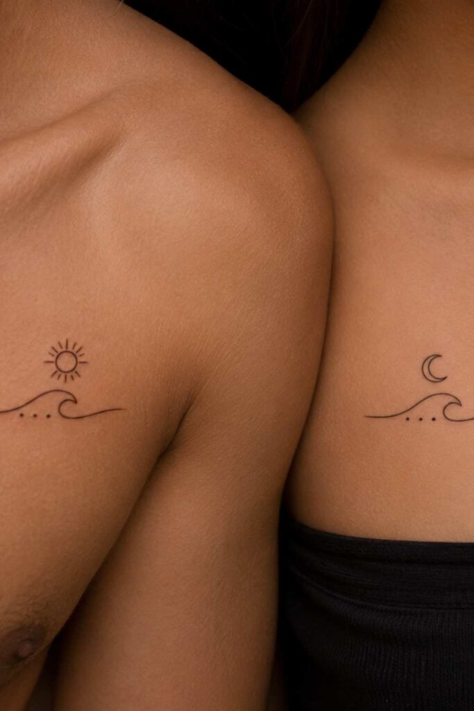 A picture of couple tattoo showing a matching tattoo on their chest area