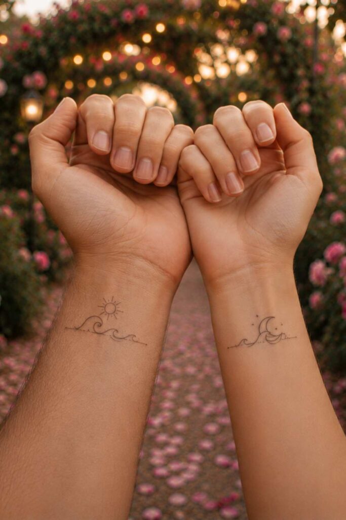 A picture of a couple tattoo showing fine line illustrations