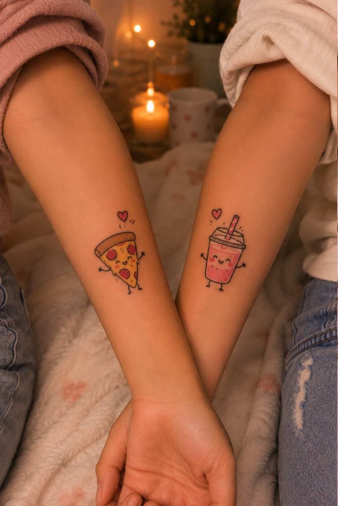 A picture of cute food tattoo of cheese and drinks best friend tattoo