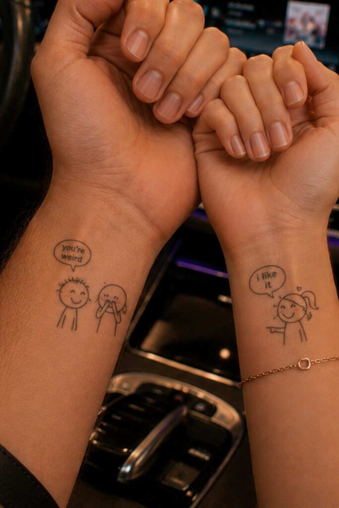 A couple tattoo tattoo showing illustration of you are weird and i like it