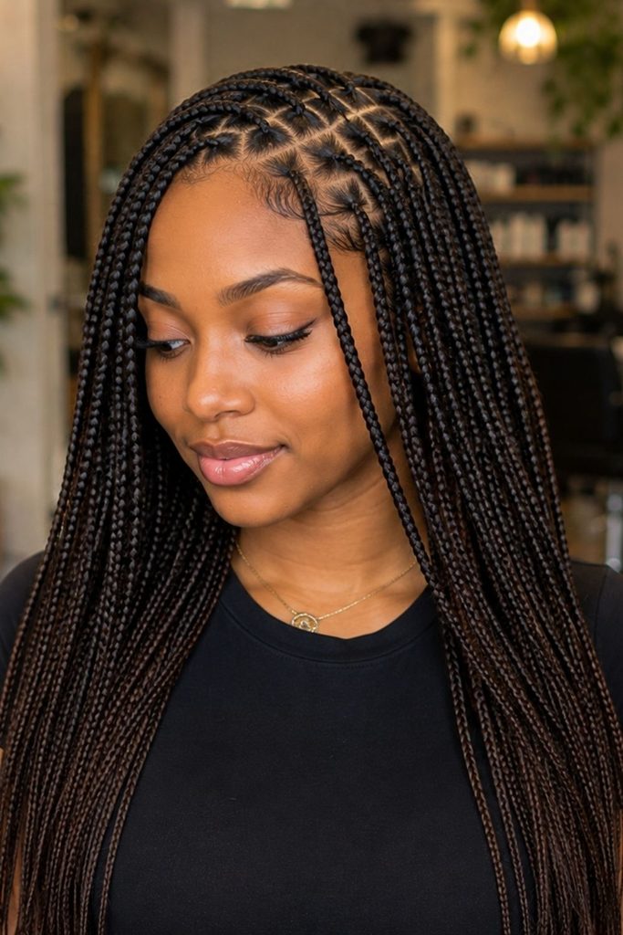 A picture of a light weighted knotless braid hairstyle
