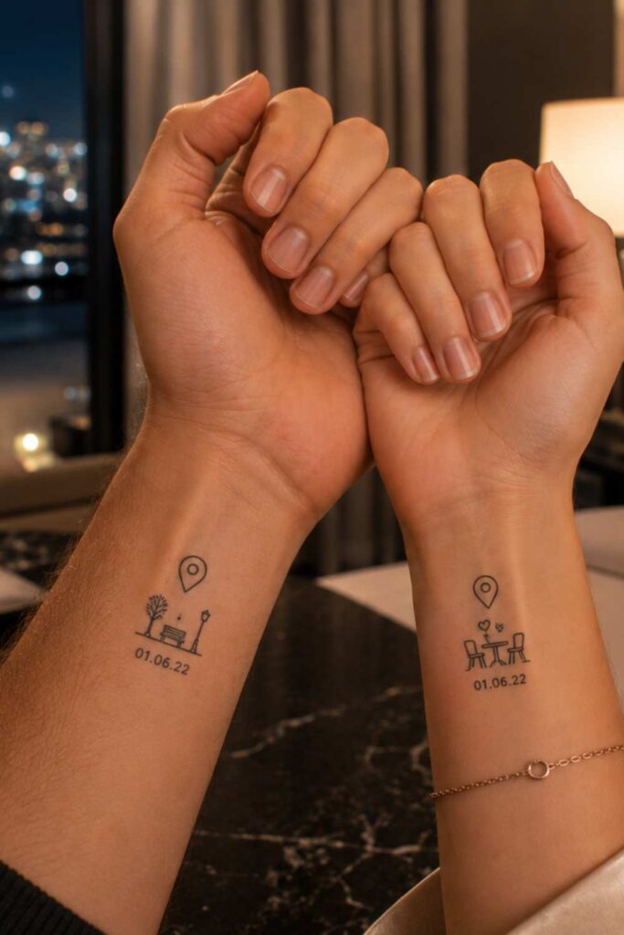 A picture of couple tattoo showing of their first meeting