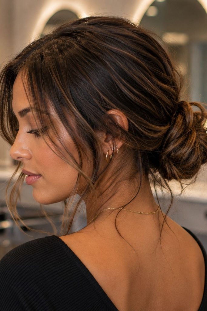 A picture of messy low bun hairsyle
