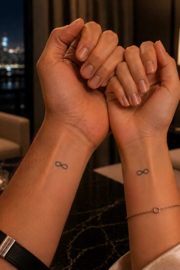 A picture of couple tattoo showing mini infinity