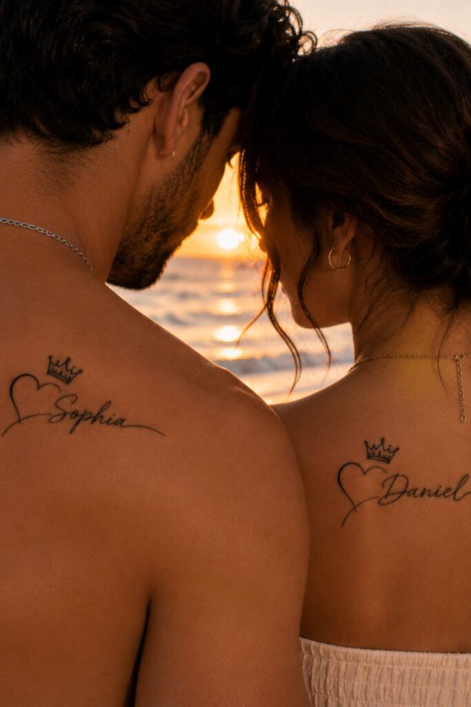 A picture of couple tattoo showing their names on their shoulders