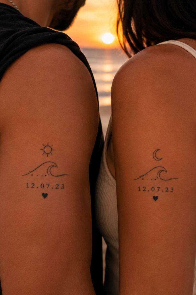 a picture of couple tattoo showing their best date on their upper arm