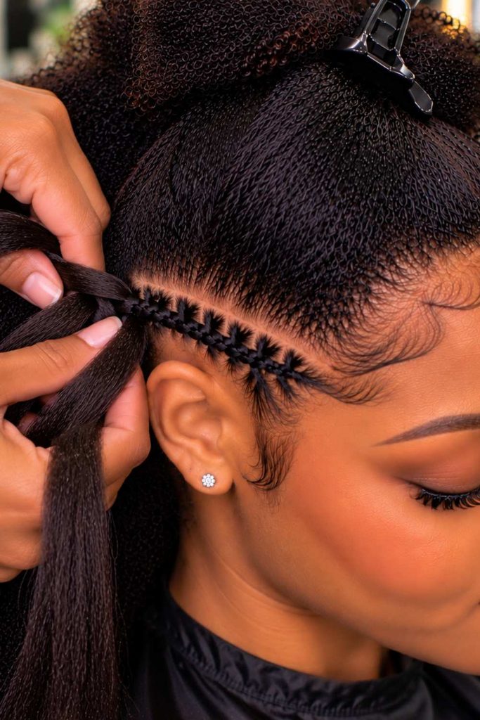 A picture of the lady adding attachment to the cornrow stitch braid.