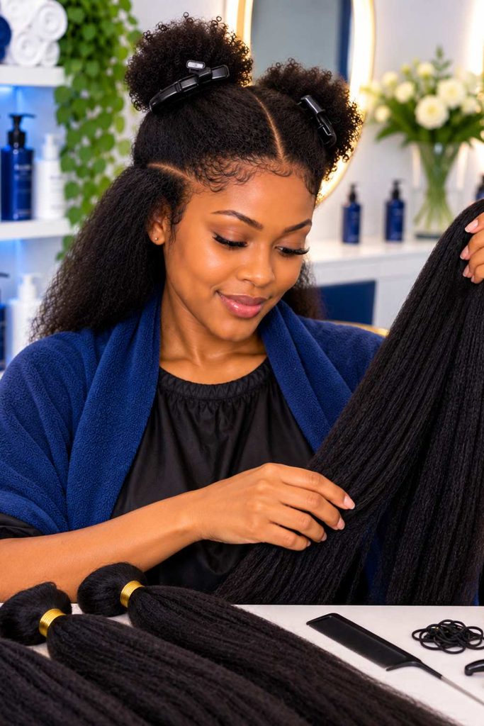 A lady holding braid attachment
