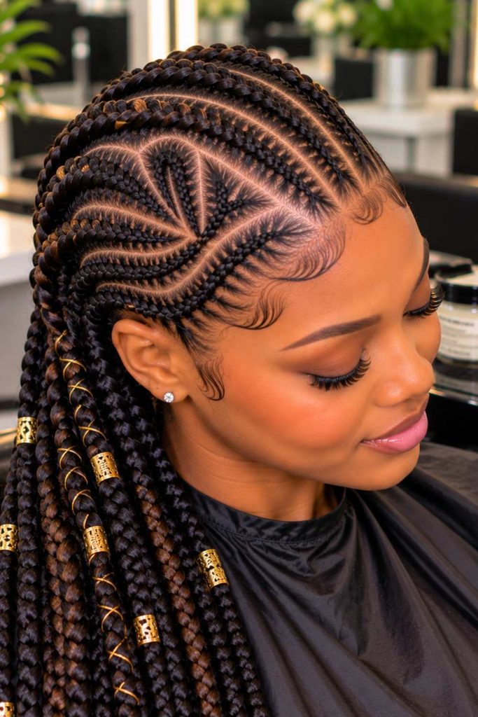 A creative or feed in cornrow stitch braid