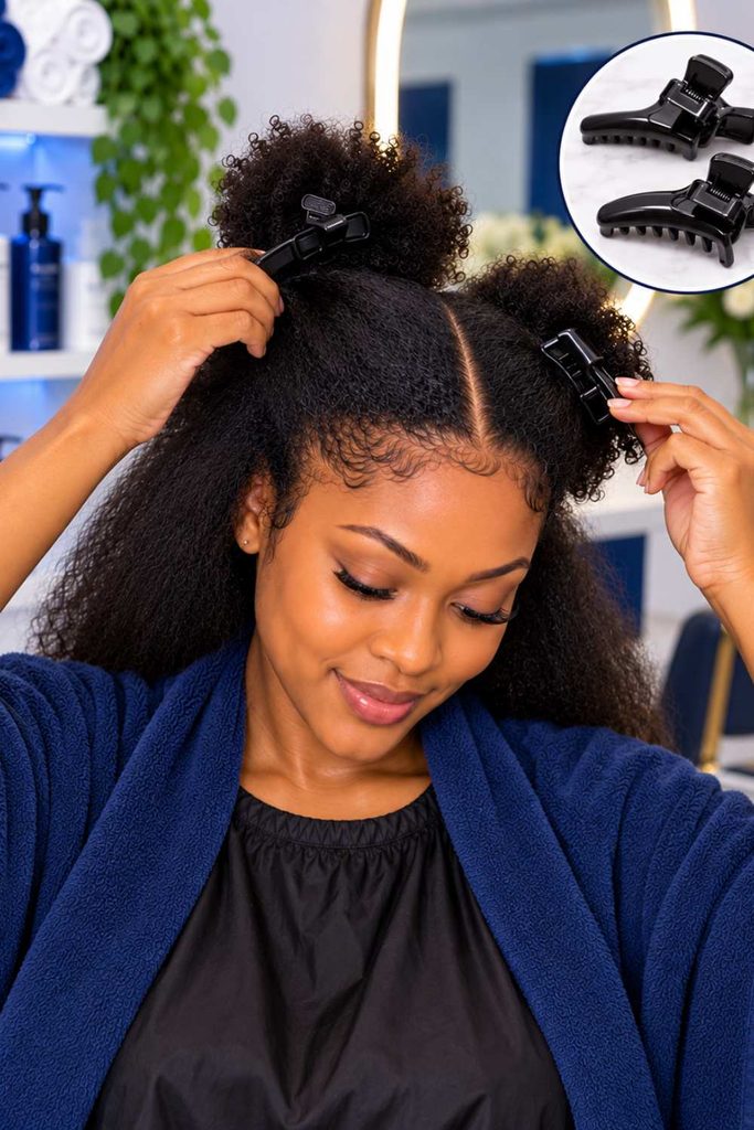 A picture of a lady using hair clip to hold her parted hair