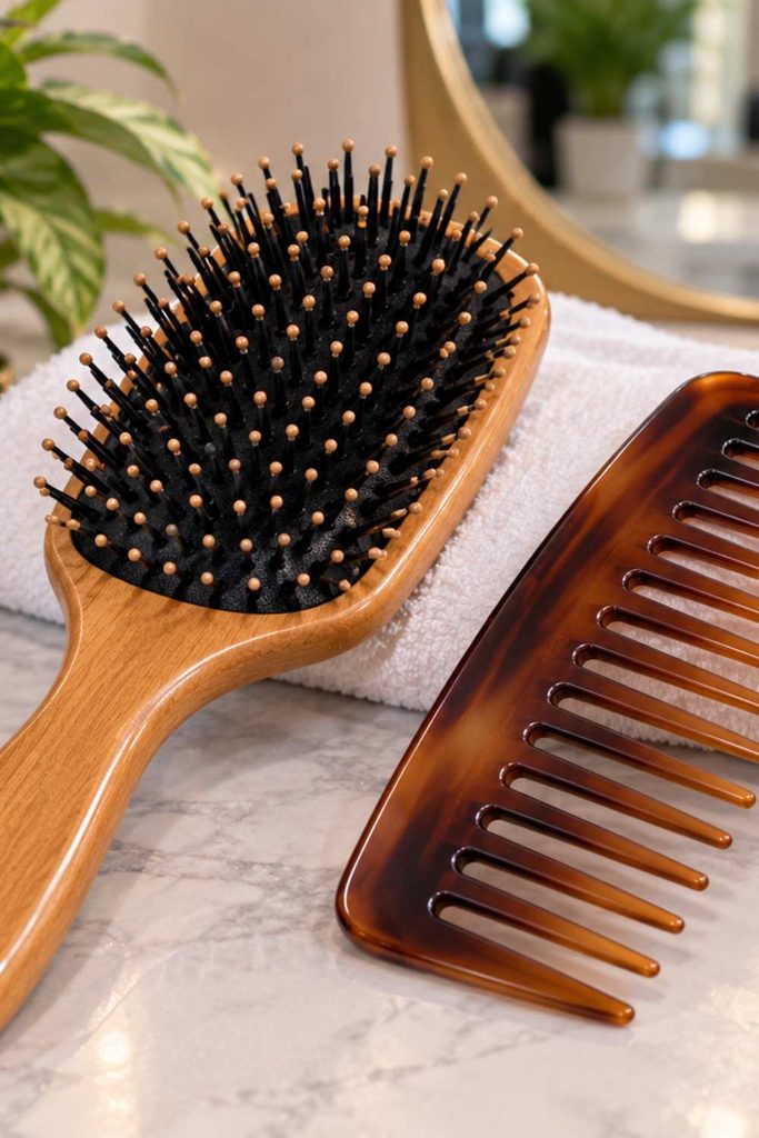 A picture of wide tooth comb and hairbrush
