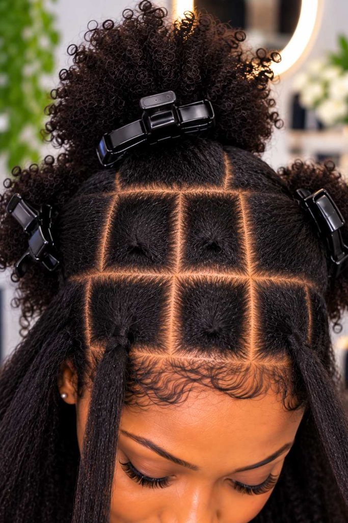A picture of the parted section on a lady's hair in prep to box braid