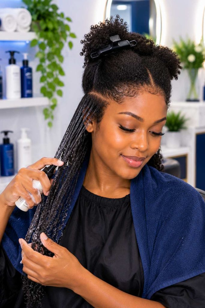 A lady detangling her natural hair