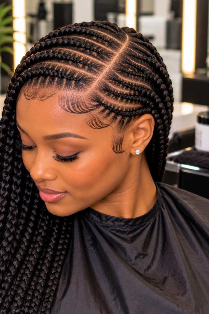 A picture of side-parted cornrow stitch braid