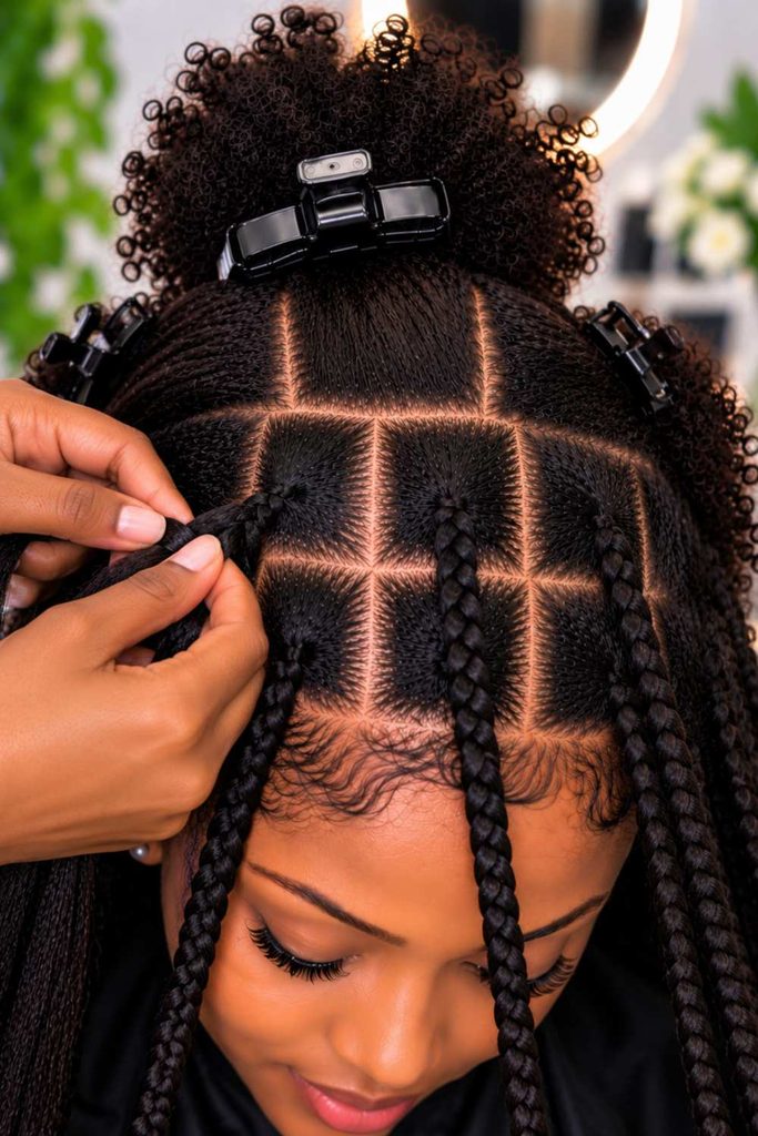 A lady starting the braid with the attachment from the root