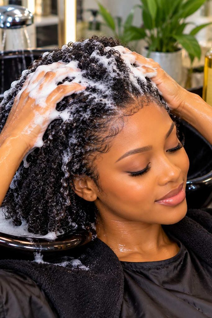 Hair prepping like washing of natural hair for the cornrow stitch braid style
