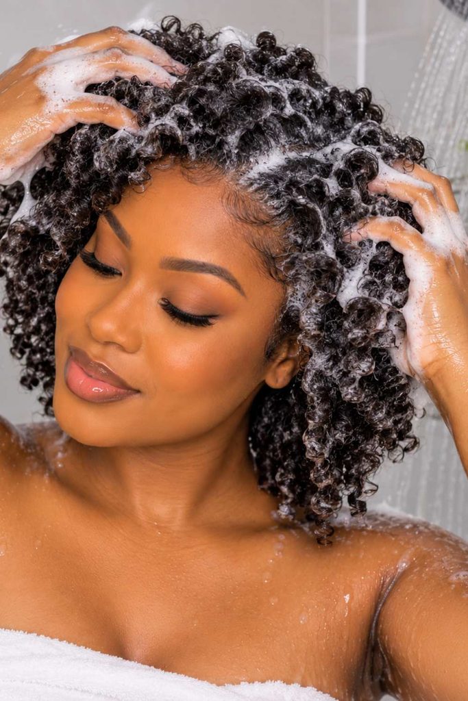 A picture of a lady washing her hair