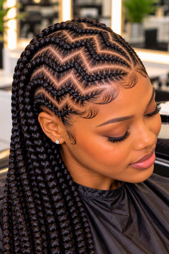 A picture of zigzag cornrow stitch braid pattern
