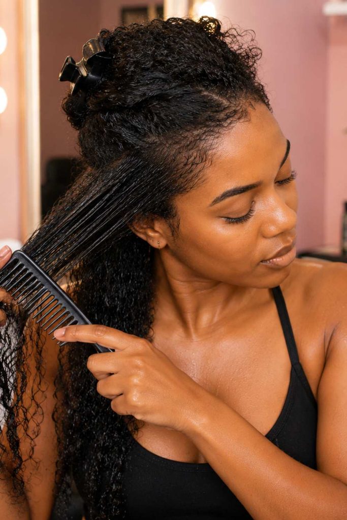 A picture of a lady detangling her hair