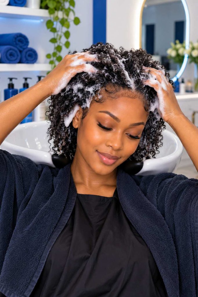 A lady washing her hair in preparation to box braid hairstyle