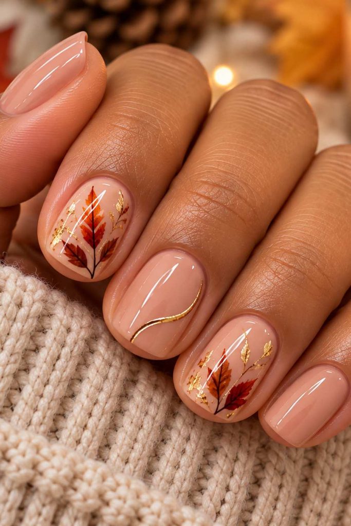 An image of short nude color fall nails design