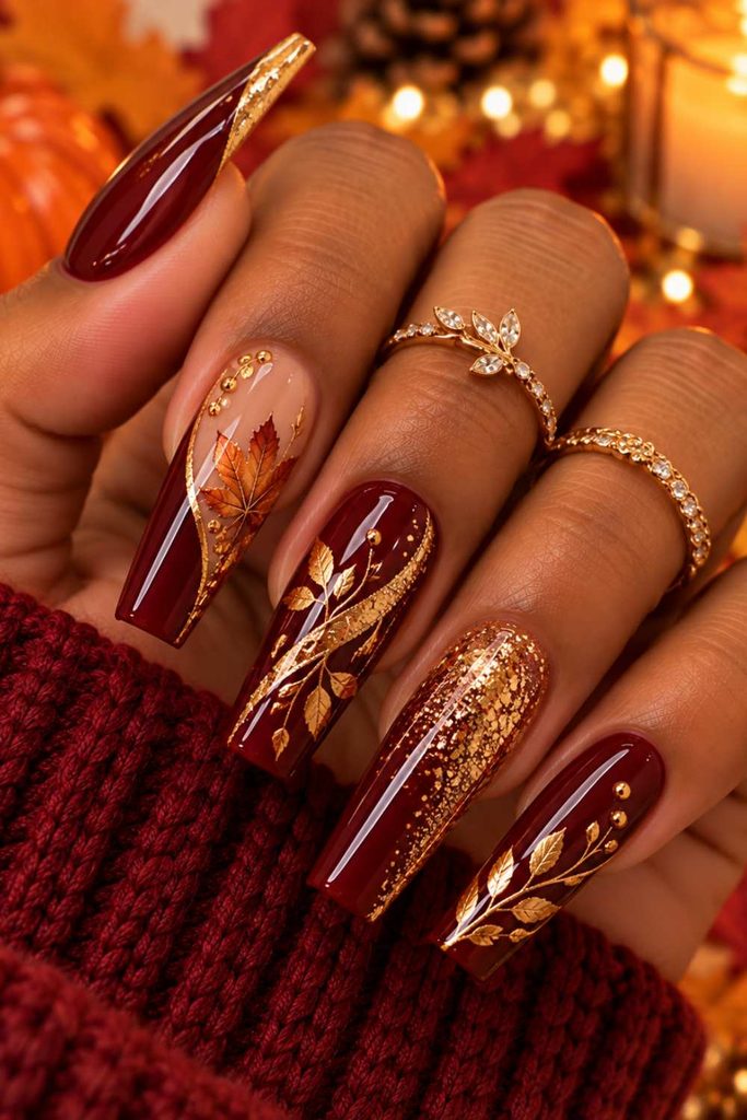 An image of Burgundy and Gold Cute fall Nails design