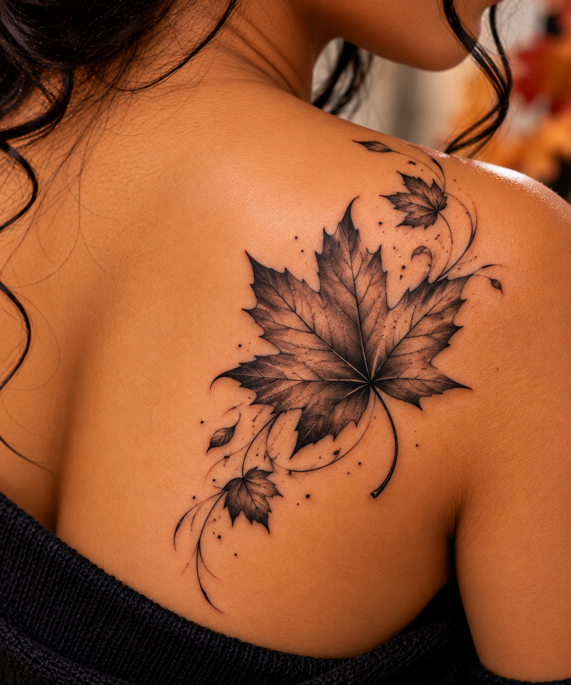 Black and Grey autumn Leaf Tattoo